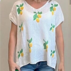 Wooden Ships White and Yellow Lemon cap sleeved sweater EUC